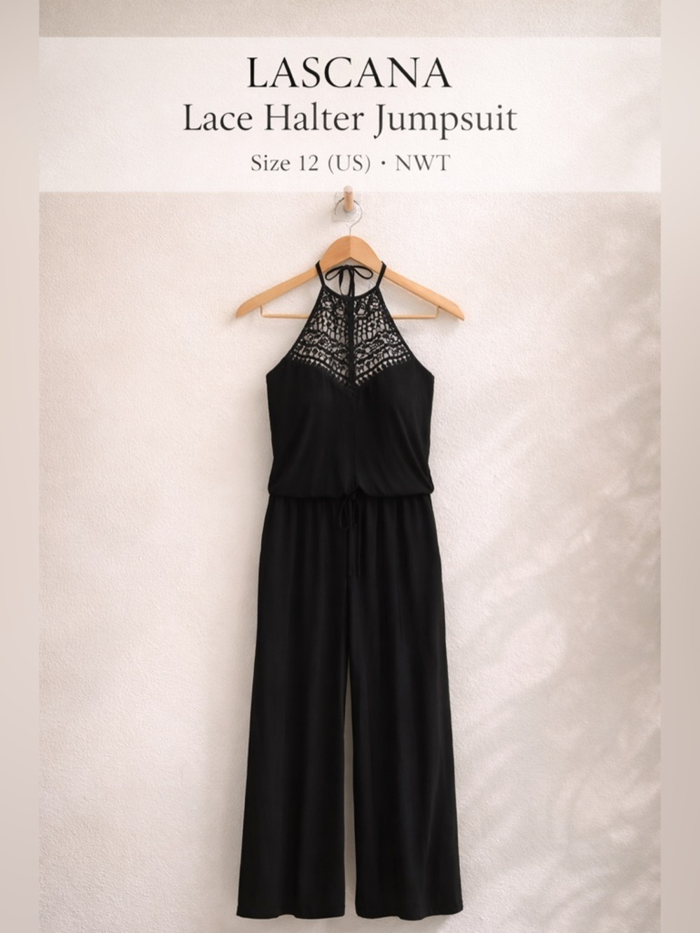 Lascana Lace Halter Jumpsuit Black NWT Size 12 Elegant Wide Leg